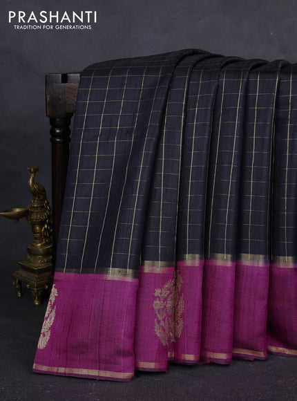 Pure dupion silk saree black and magenta pink with allover zari checked pattern and rettapet zari woven butta border
