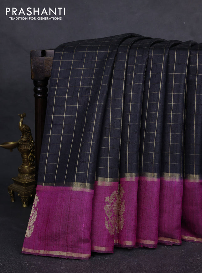 Pure dupion silk saree black and magenta pink with allover zari checked pattern and rettapet zari woven butta border