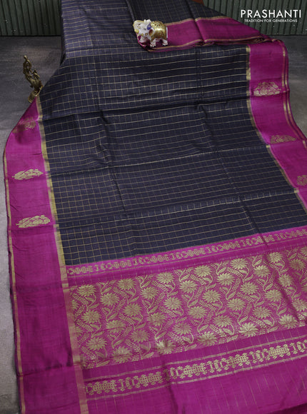 Pure dupion silk saree black and magenta pink with allover zari checked pattern and rettapet zari woven butta border