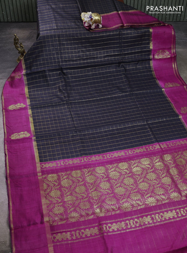 Pure dupion silk saree black and magenta pink with allover zari checked pattern and rettapet zari woven butta border