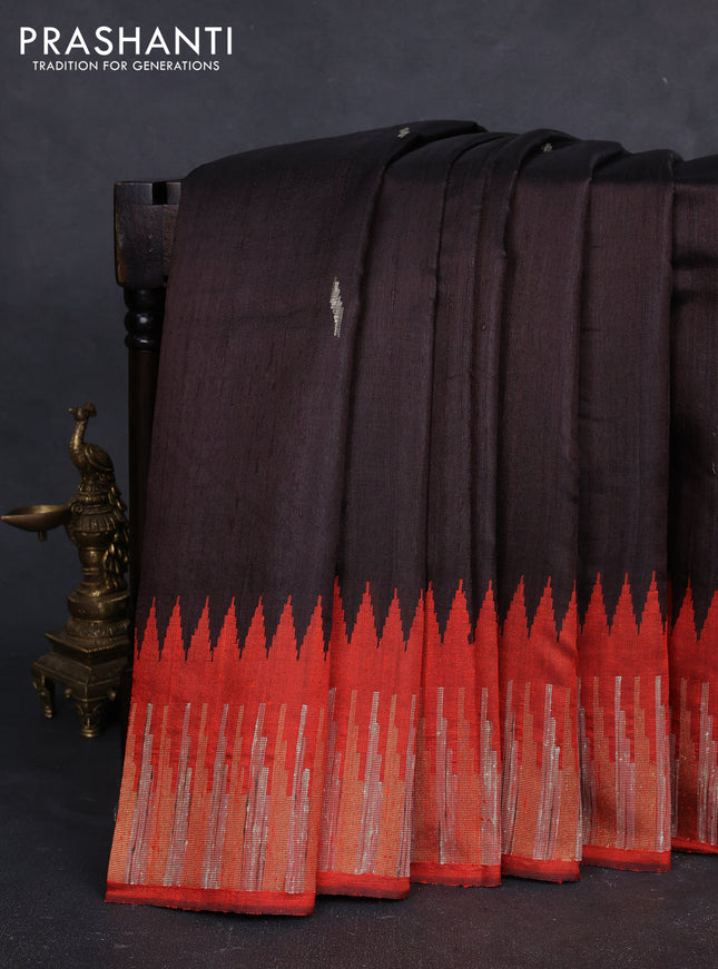Pure dupion silk saree coffee brown and orange with thread woven buttas and temple design thread & zari woven border