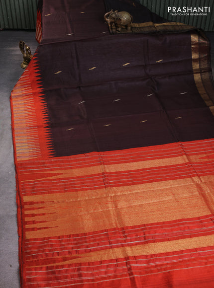 Pure dupion silk saree coffee brown and orange with thread woven buttas and temple design thread & zari woven border