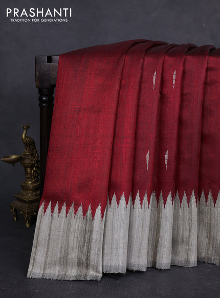 Pure dupion silk saree red and beige with thread woven buttas and temple design simple border