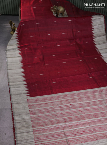 Pure dupion silk saree red and beige with thread woven buttas and temple design simple border