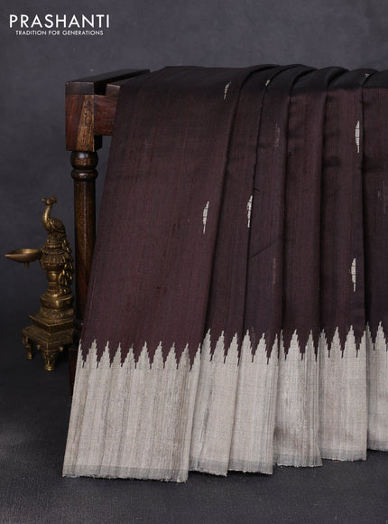 Pure dupion silk saree coffee brown and beige with thread woven buttas and temple design simple border