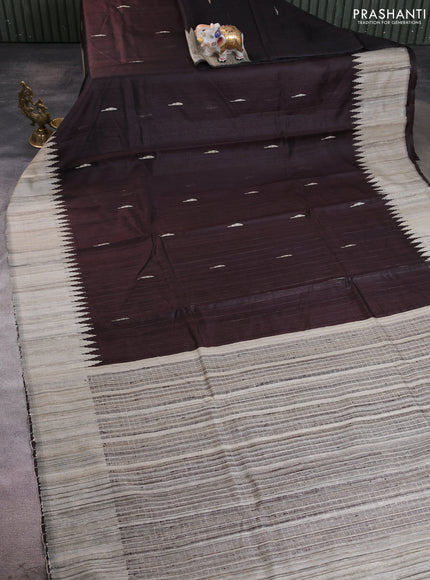 Pure dupion silk saree coffee brown and beige with thread woven buttas and temple design simple border