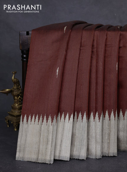 Pure dupion silk saree dark mustard and beige with thread woven buttas and temple design simple border