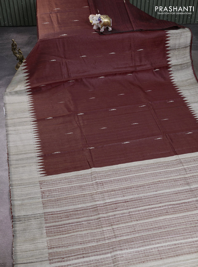 Pure dupion silk saree dark mustard and beige with thread woven buttas and temple design simple border