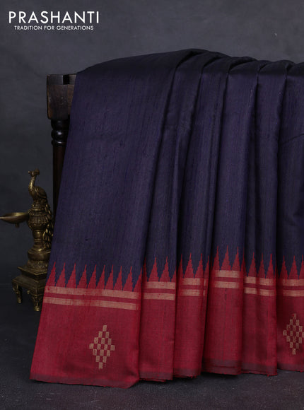 Pure dupion silk saree navy blue and red with plain body and temple design zari woven butta border
