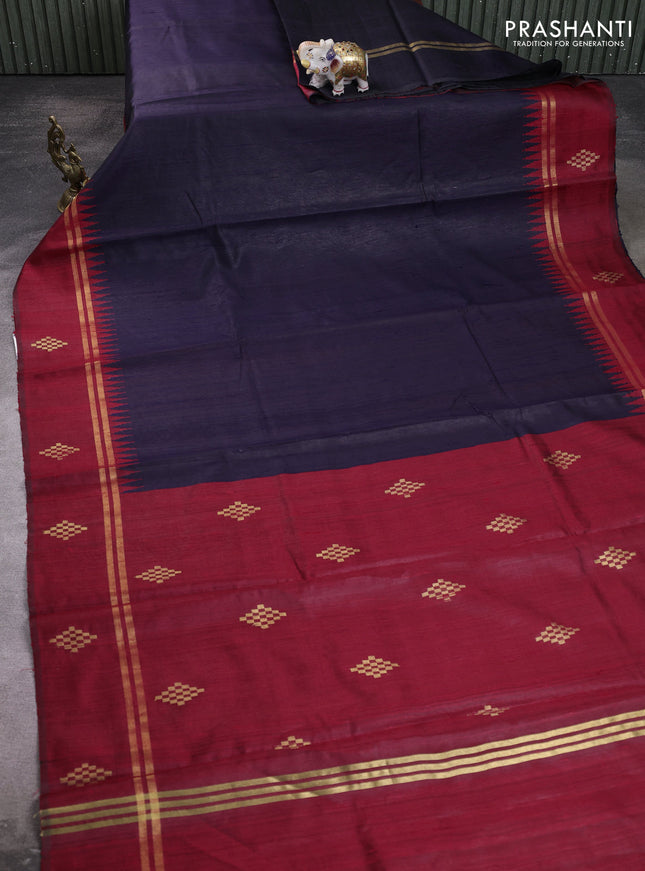 Pure dupion silk saree navy blue and red with plain body and temple design zari woven butta border