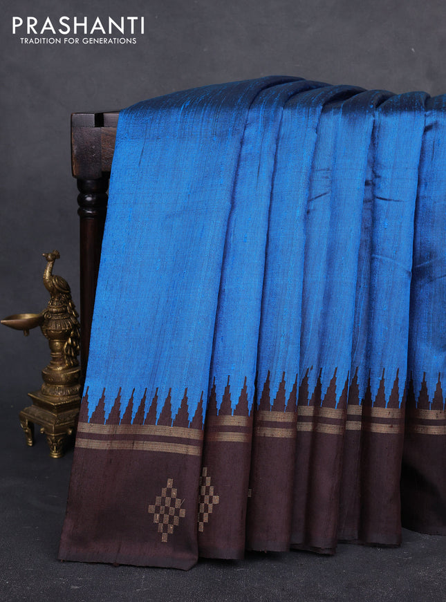 Pure dupion silk saree peacock blue and coffee brown with plain body and temple design zari woven butta border