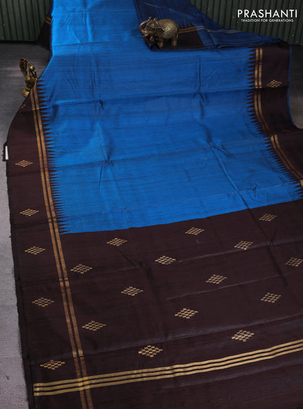 Pure dupion silk saree peacock blue and coffee brown with plain body and temple design zari woven butta border