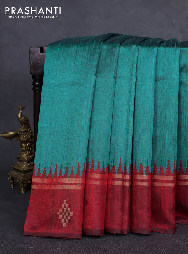 Pure dupion silk saree peacock green and red with plain body and temple design zari woven butta border