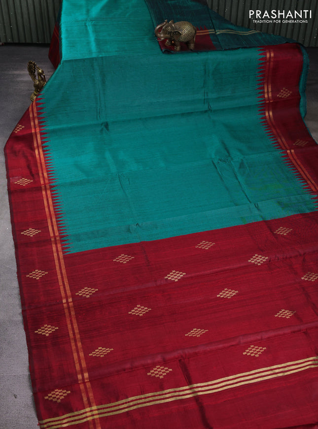 Pure dupion silk saree peacock green and red with plain body and temple design zari woven butta border