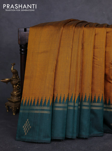 Pure dupion silk saree dark mustard and peacock green with plain body and temple design rettapet zari woven border