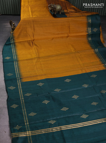 Pure dupion silk saree dark mustard and peacock green with plain body and temple design rettapet zari woven border