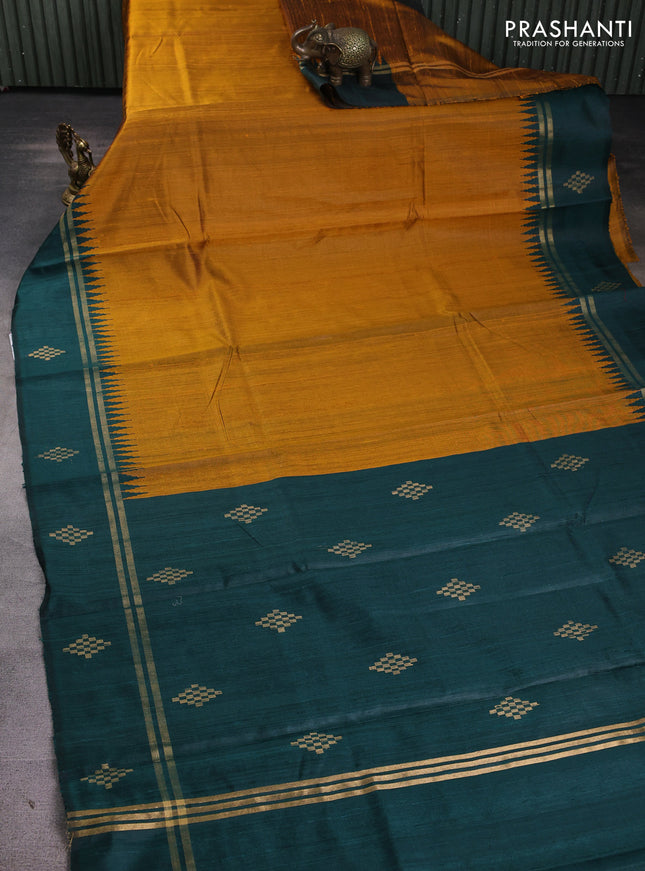 Pure dupion silk saree dark mustard and peacock green with plain body and temple design rettapet zari woven border