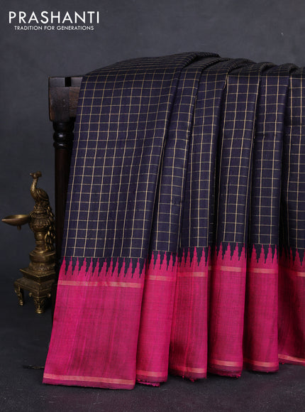 Pure dupion silk saree navy blue and pink with allover checked pattern and temple design rettapet zari woven border