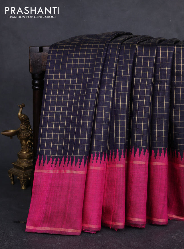 Pure dupion silk saree navy blue and pink with allover checked pattern and temple design rettapet zari woven border