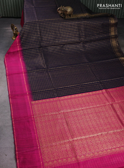 Pure dupion silk saree navy blue and pink with allover checked pattern and temple design rettapet zari woven border