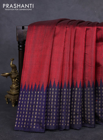 Pure dupion silk saree maroon and navy blue with plain body and temple design zari woven butta border