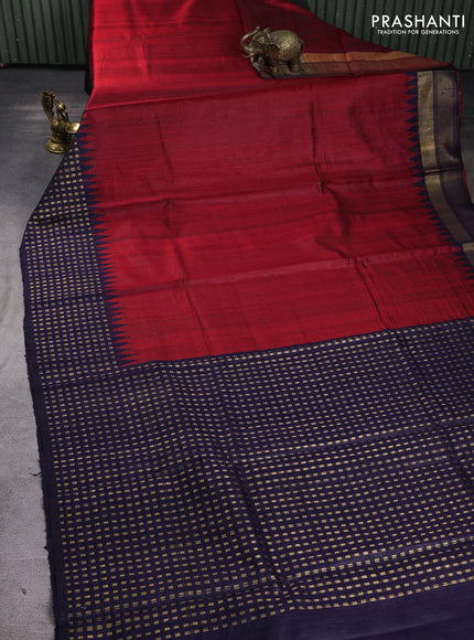 Pure dupion silk saree maroon and navy blue with plain body and temple design zari woven butta border