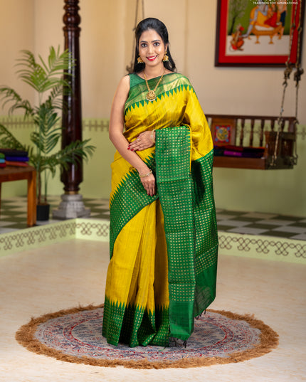 Pure dupion silk saree lime yellow and green with plain body and temple design zari woven butta border
