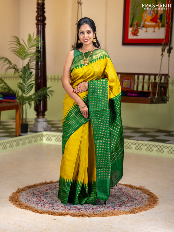 Pure dupion silk saree lime yellow and green with plain body and temple design zari woven butta border