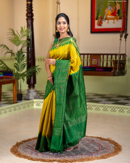 Pure dupion silk saree lime yellow and green with plain body and temple design zari woven butta border
