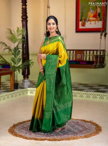Pure dupion silk saree lime yellow and green with plain body and temple design zari woven butta border