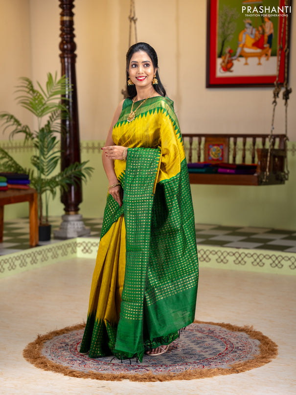Pure dupion silk saree lime yellow and green with plain body and temple design zari woven butta border