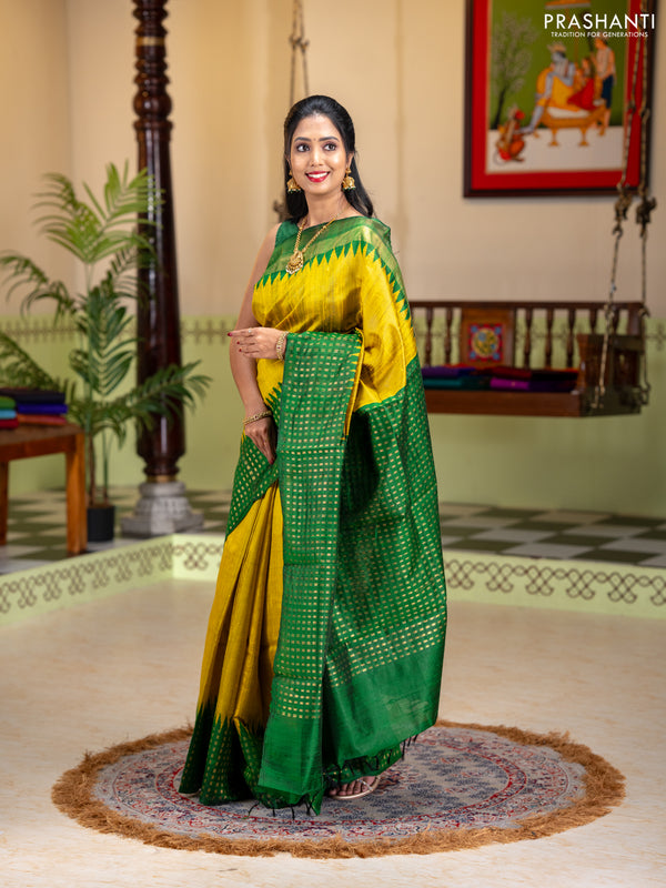 Pure dupion silk saree lime yellow and green with plain body and temple design zari woven butta border