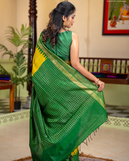Pure dupion silk saree lime yellow and green with plain body and temple design zari woven butta border