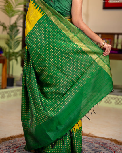 Pure dupion silk saree lime yellow and green with plain body and temple design zari woven butta border