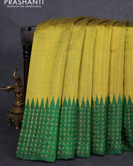 Pure dupion silk saree lime yellow and green with plain body and temple design zari woven butta border
