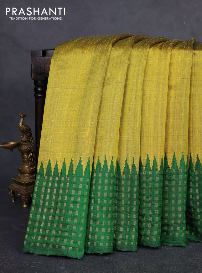 Pure dupion silk saree lime yellow and green with plain body and temple design zari woven butta border