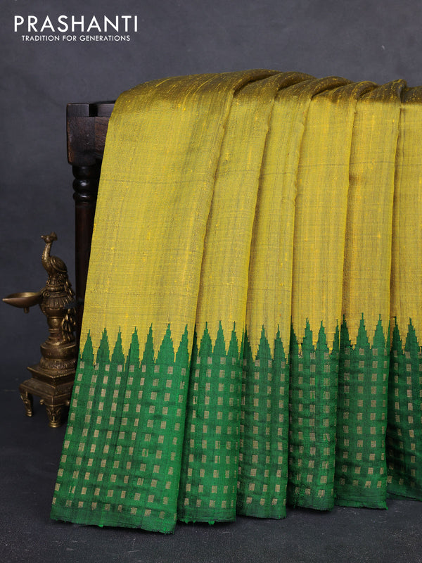 Pure dupion silk saree lime yellow and green with plain body and temple design zari woven butta border