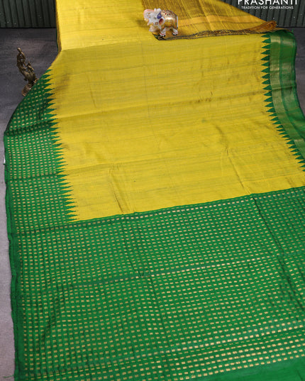 Pure dupion silk saree lime yellow and green with plain body and temple design zari woven butta border