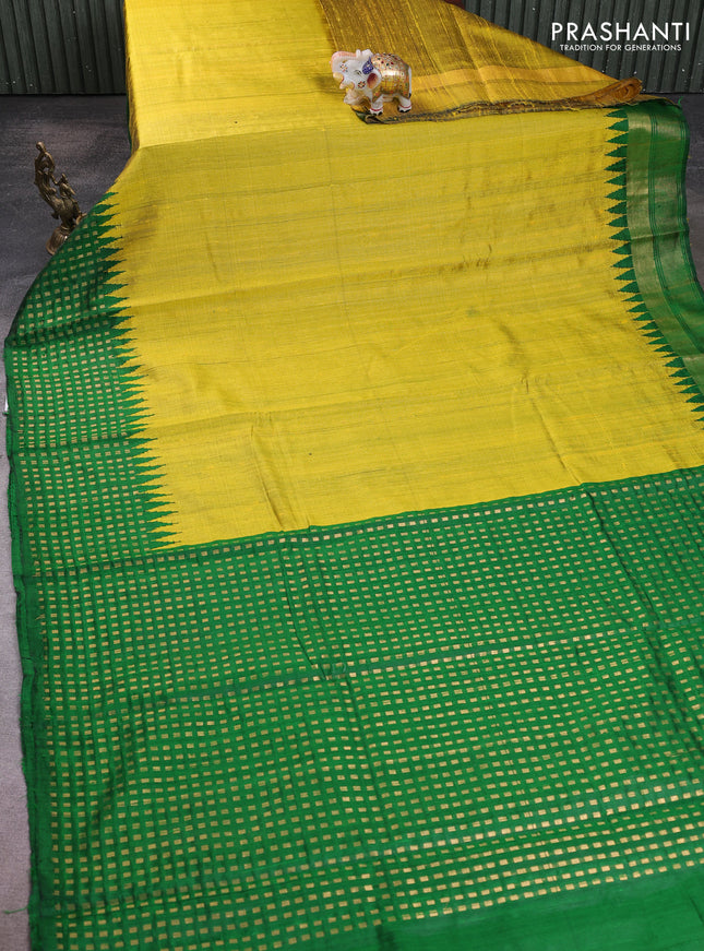 Pure dupion silk saree lime yellow and green with plain body and temple design zari woven butta border