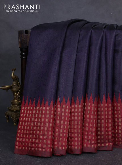 Pure dupion silk saree navy blue and red with plain body and temple design zari woven butta border
