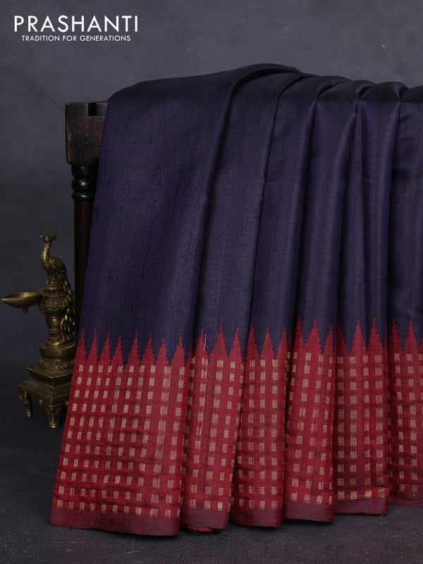 Pure dupion silk saree navy blue and red with plain body and temple design zari woven butta border