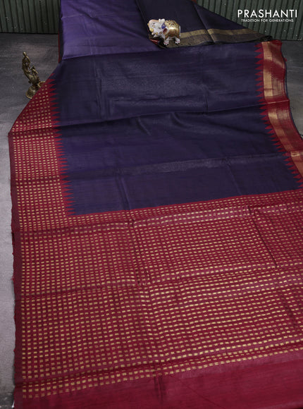 Pure dupion silk saree navy blue and red with plain body and temple design zari woven butta border