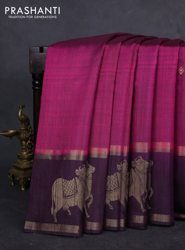 Pure dupion silk saree candy pink and wine shade with zari woven buttas and pichwai border