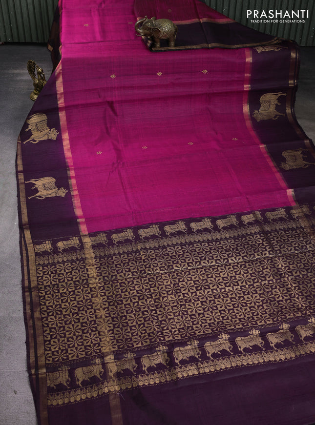 Pure dupion silk saree candy pink and wine shade with zari woven buttas and pichwai border