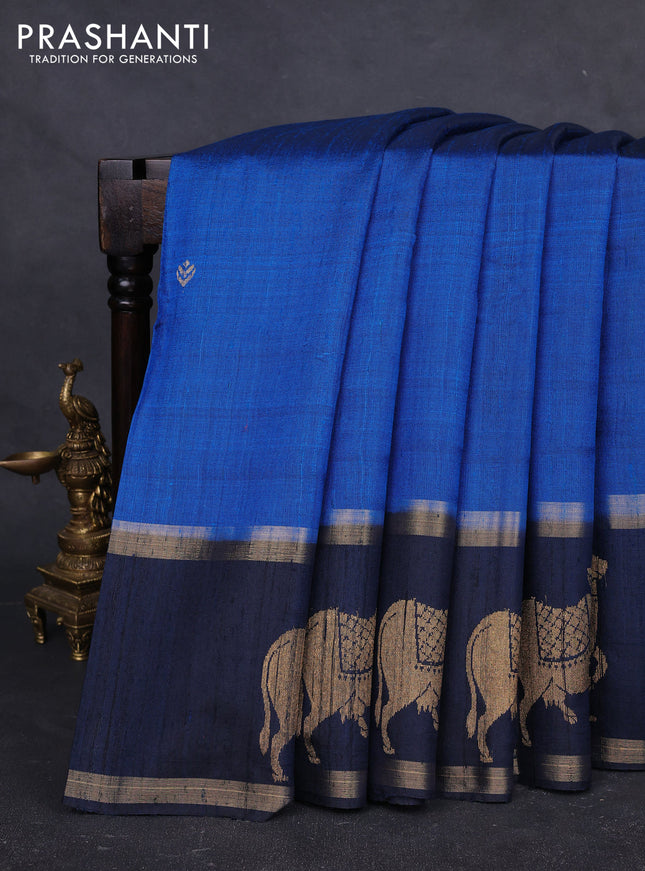 Pure dupion silk saree peacock blue and navy blue with zari woven buttas and pichwai border