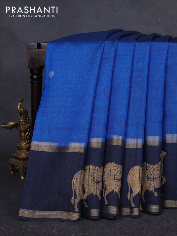 Pure dupion silk saree peacock blue and navy blue with zari woven buttas and pichwai border