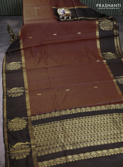 Pure dupion silk saree brown and black with zari woven buttas and rettapet zari woven butta border