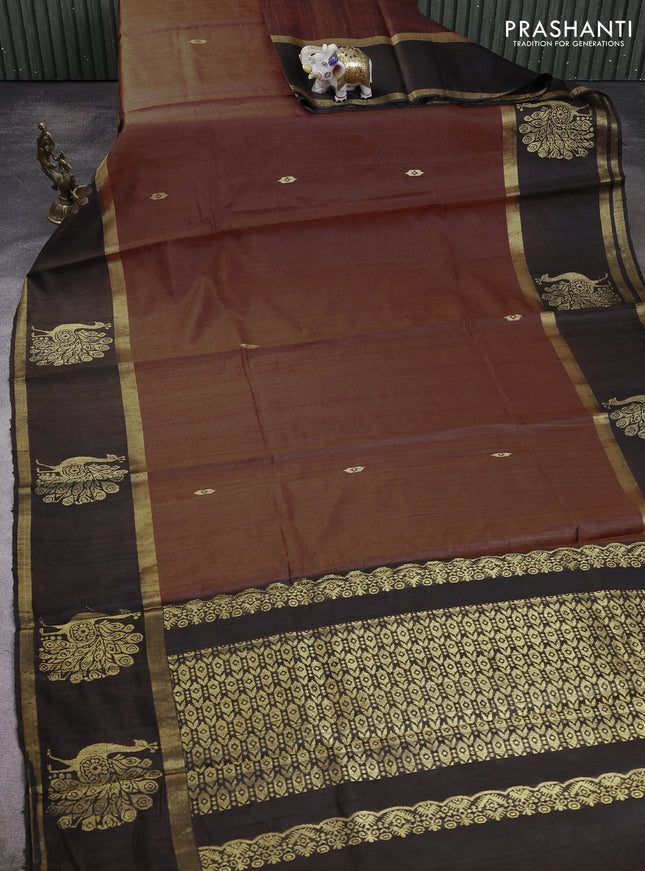 Pure dupion silk saree brown and black with zari woven buttas and rettapet zari woven butta border