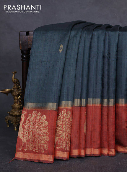 Pure dupion silk saree peacock green and rust shade with zari woven buttas and rettapet zari woven butta border
