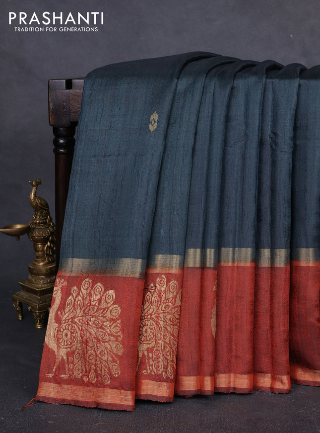 Pure dupion silk saree peacock green and rust shade with zari woven buttas and rettapet zari woven butta border